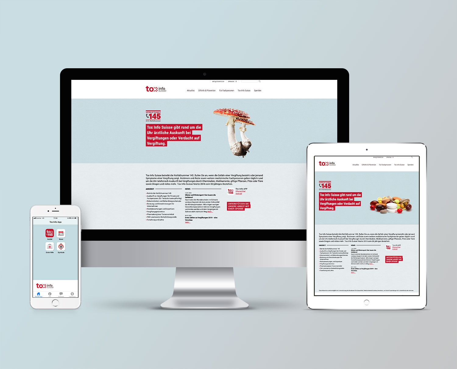 Die neue Website von Tox Info Suisse auf verschiedenen Geräten und das Signet für die App