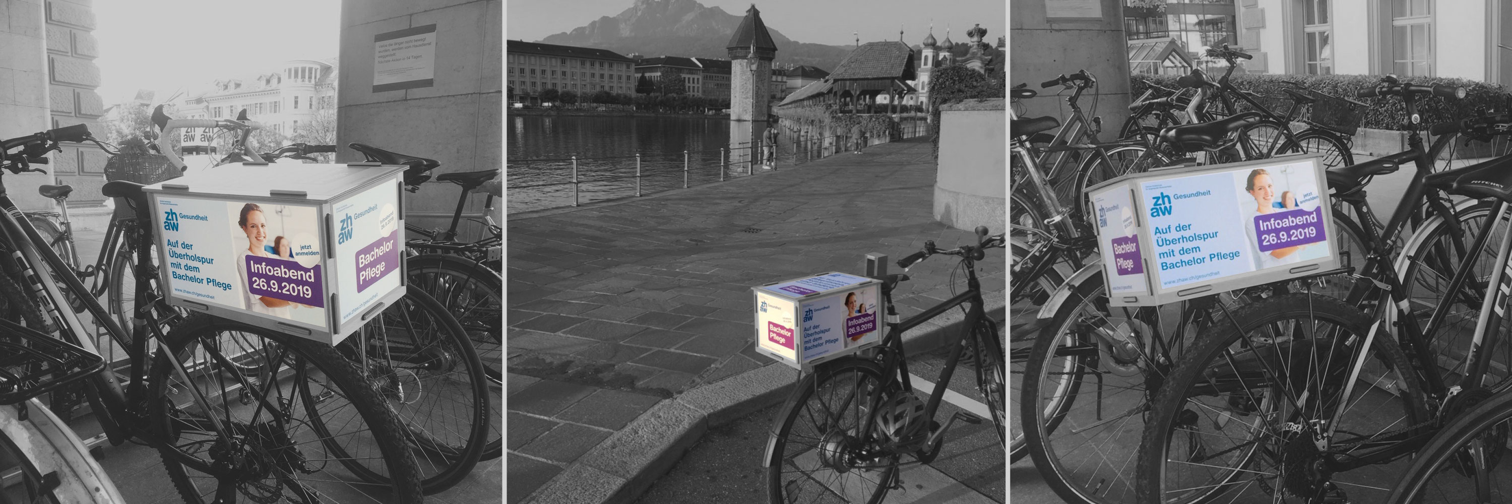 Werbebox für die ZHAW Gesundheit, montiert auf Gepäckträgern von Velos