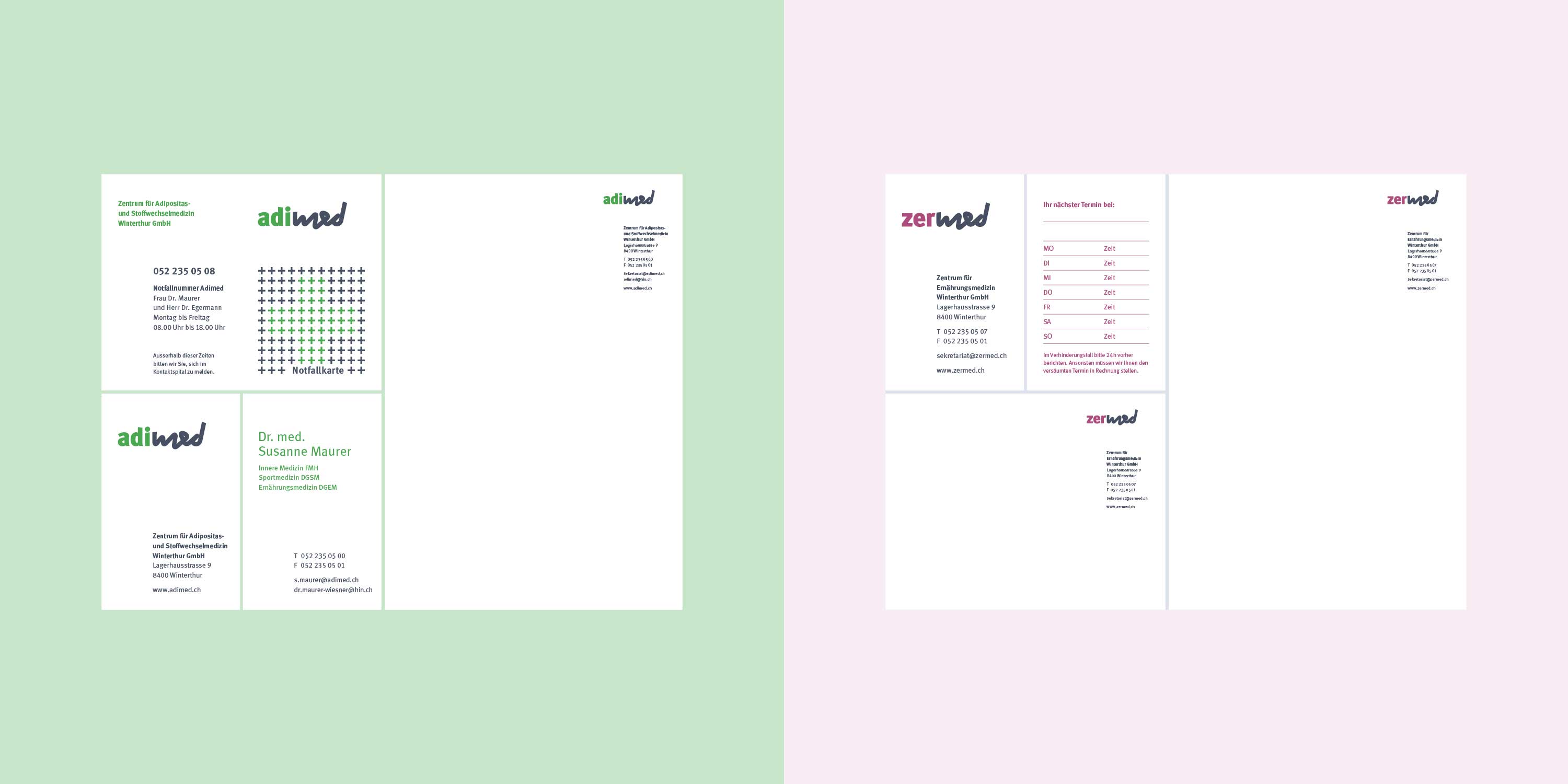 Abbildung der Logos und Geschäftsdrucksachen von Adimed, Zermed und AdiNetwork