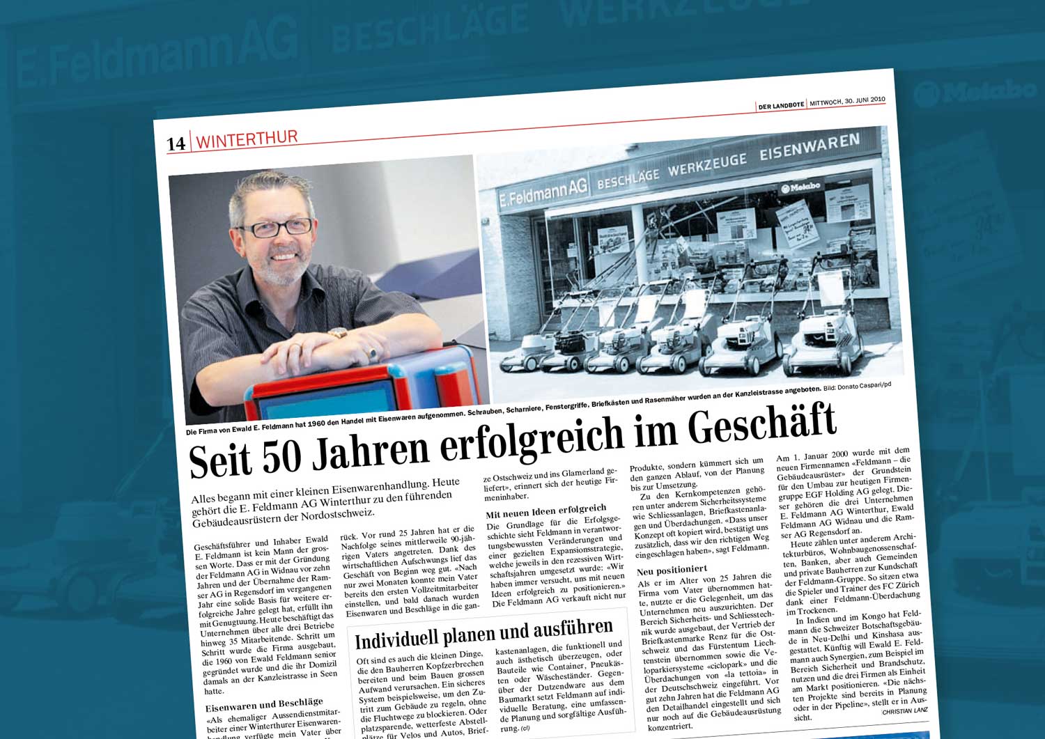 Bild: Artikel im Landbote vom 30. Juni 2010 zum 50-Jahr-Jubiläum