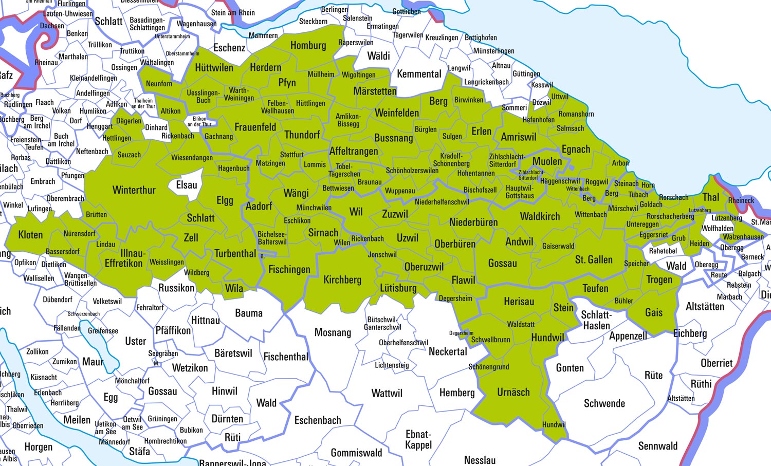 123 Gemeinden im Osten des Flughafens Zürich mit rund 723'000 Einwohnern sind Mitglied der Region Ost