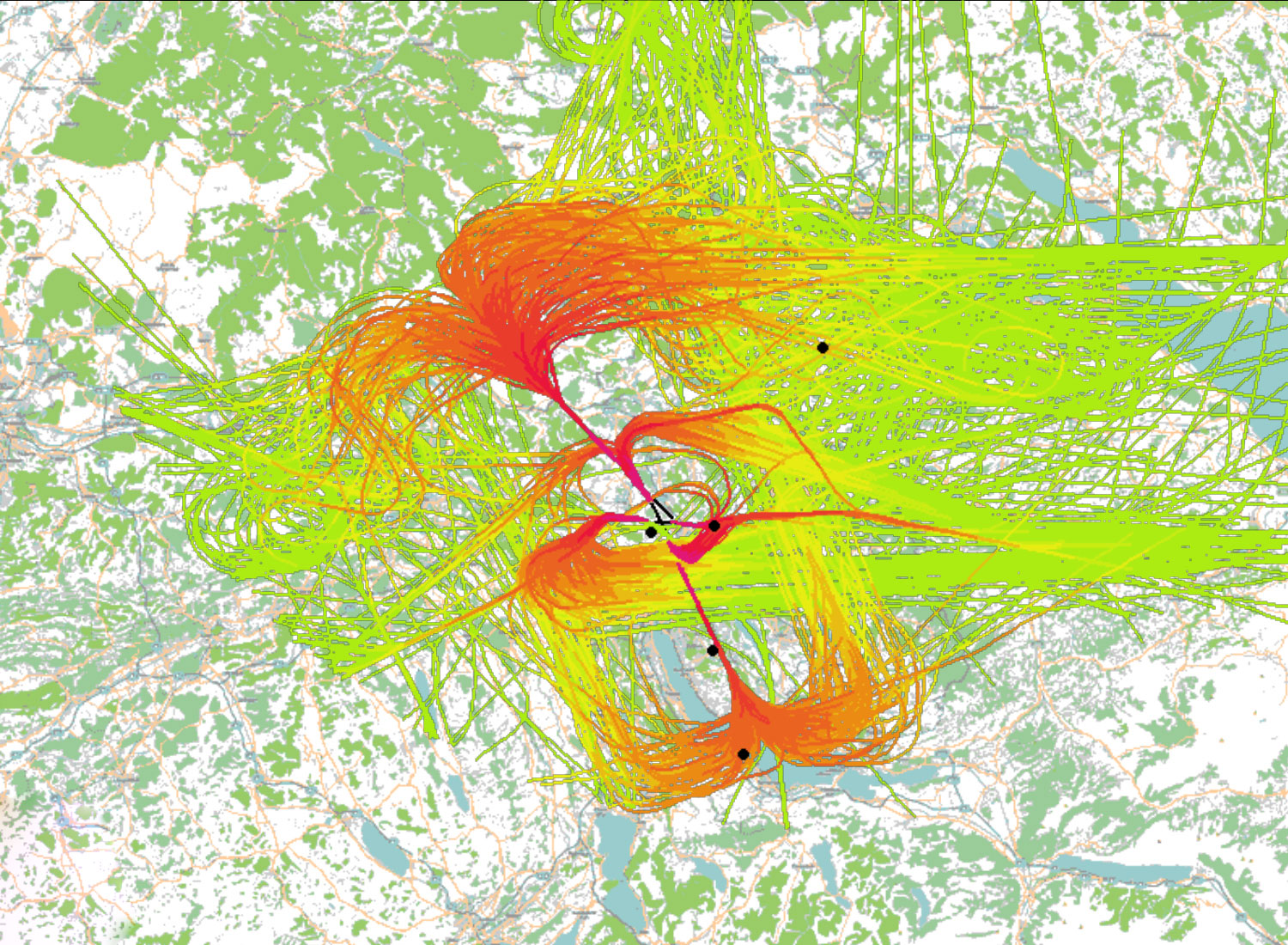 Visualisierung der Anflüge und Abflüge Flughafen Zürich