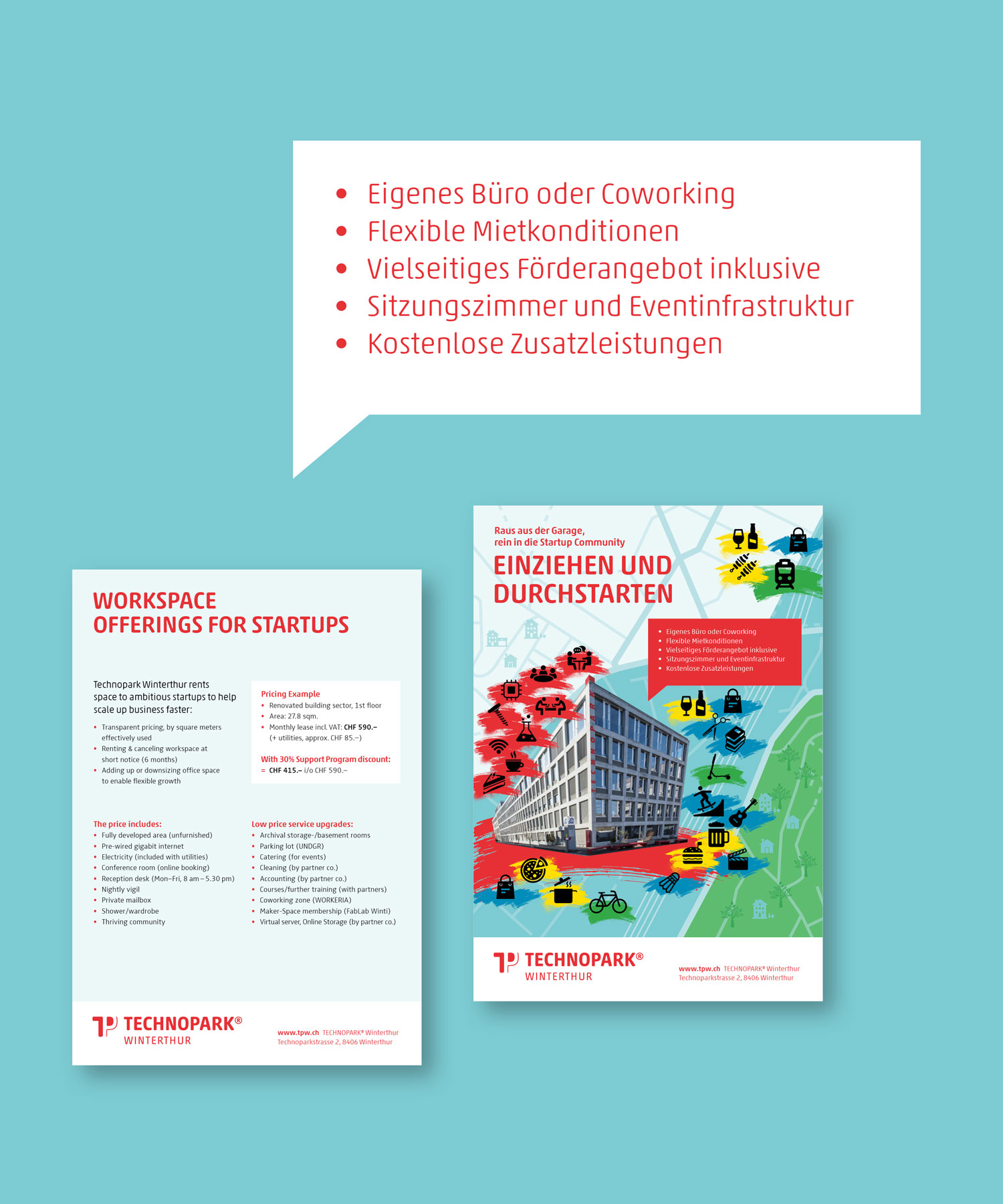 Kampagne Raumvermietung für den Technopark Winterthur: Flyer A5 2-seitig